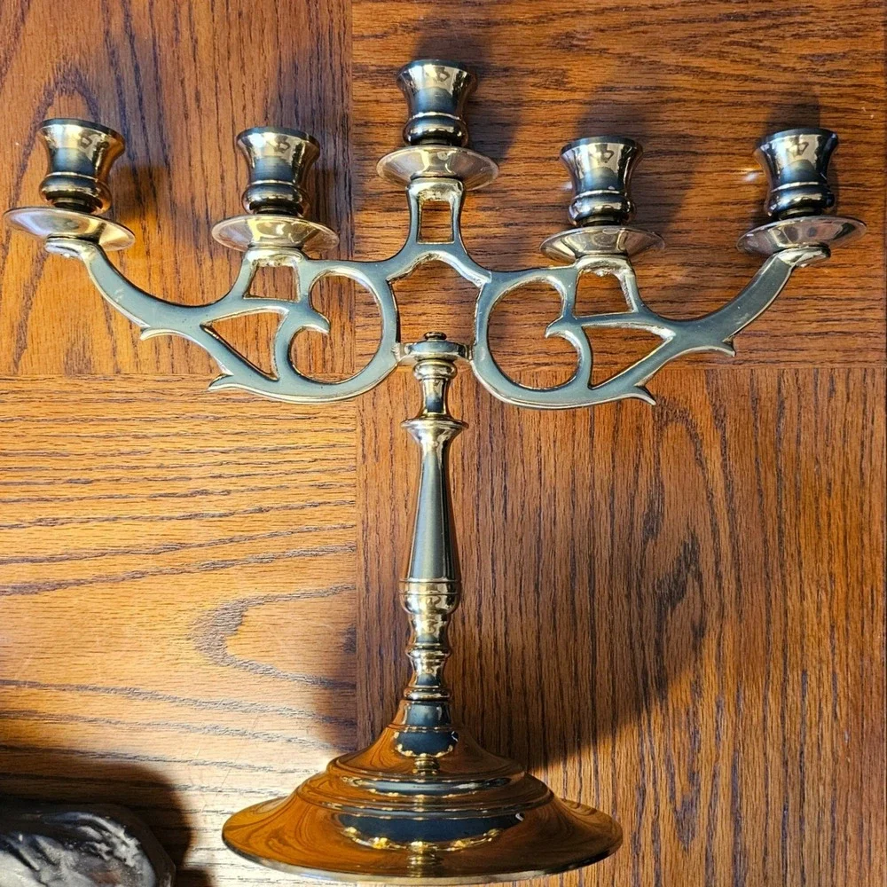 Vintage Brass 5 Arm Candelabra Art Nouveau Scrollwork Candlestick W Mark